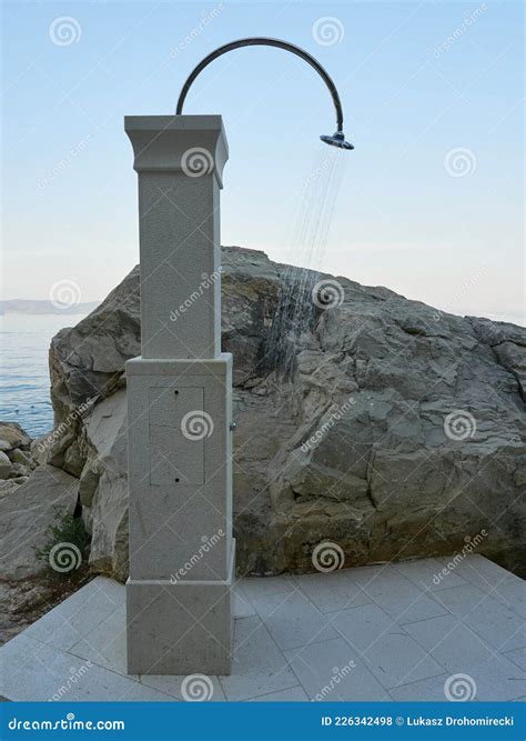 Shower On Beach. Beautiful Fit Woman Taking Shower At Swimming Pool