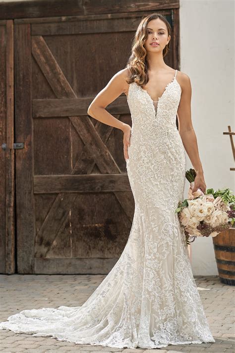 T212004 Beautiful Embroidered Lace Wedding Dress with V-Neckline