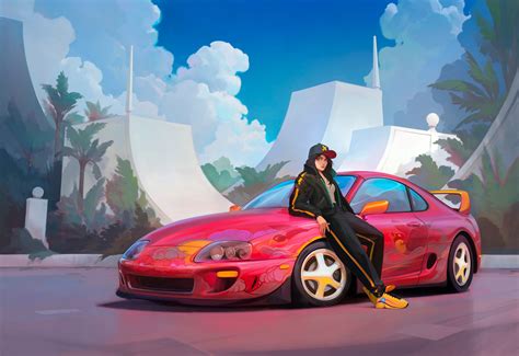 outdoors, red eyes, Toyota, car, women, women with cars, ArtStation