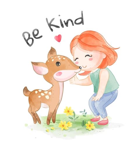 Premium Vector | Be kind slogan with cartoon girl with little deer illustration