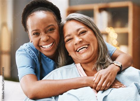 Senior care, hug and portrait of nurse with patient for medical help ...