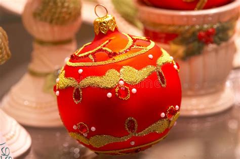 Red Christmas Ball with Ornaments - Christbaumschmuck Stock Photo ...