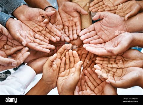 Hands, palm and diversity of people in circle of charity, support and ...