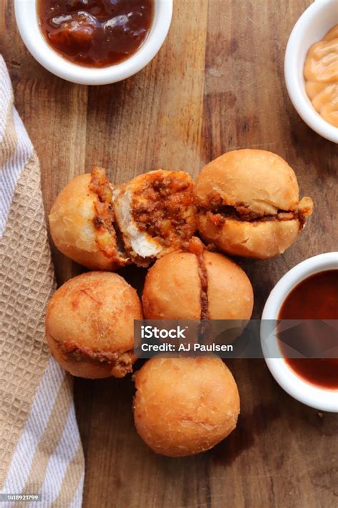 mini vetkoek  mince curry stock photo  image