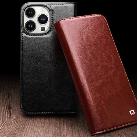 iPhone 16 Pro Max QIALINO Classic Genuine Leather Phone Case - Brown