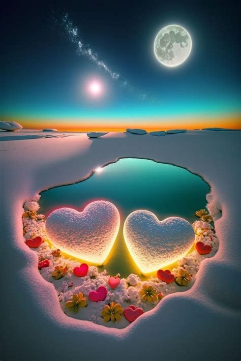 Heart Shaped Lights in the Snow with Full Moon and Stars
