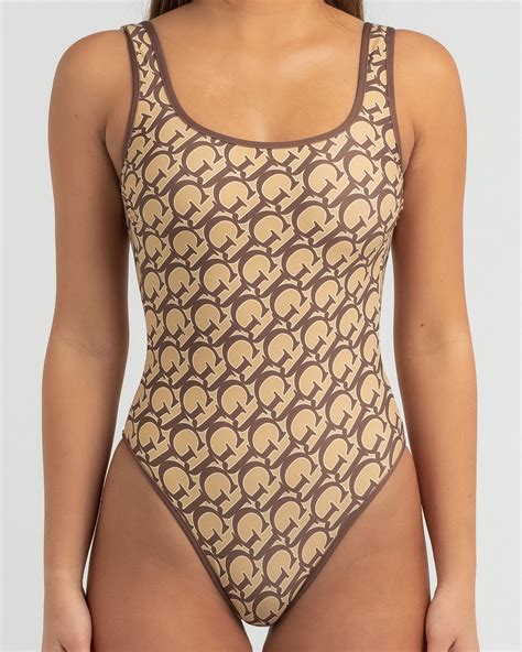 Shop GUESS Basic One Piece Swimsuit In Sand/brown Logo Mania - Fast