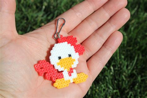 Rooster Keychain, Double Sided, Perler Bead Keychain, Fuse Bead Charm ...