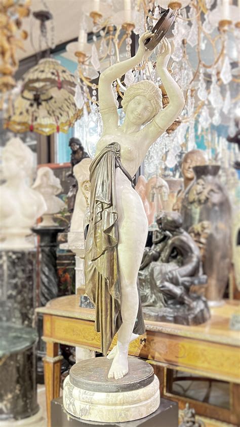 Art Deco Exotic Tambourine Dancer Marble and Bronze Semi-Nude Statue