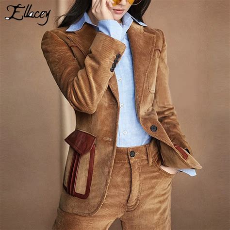 Ellacey, кофейный вельветовый костюм для женщин, женские деловые ...