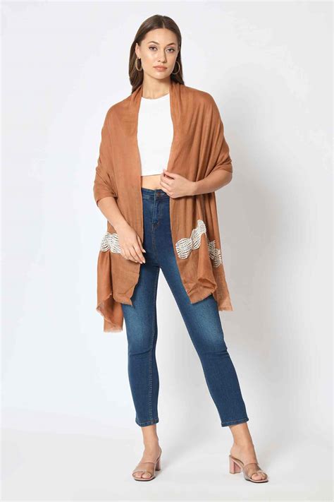Buy Brown Embellished Pashmina Pearl Shawl by MODARTA Online at Aza