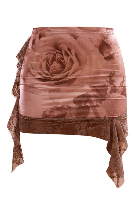Nude Rose Print Slinky Lace Trim Mini Skirt | Bottoms | PLT