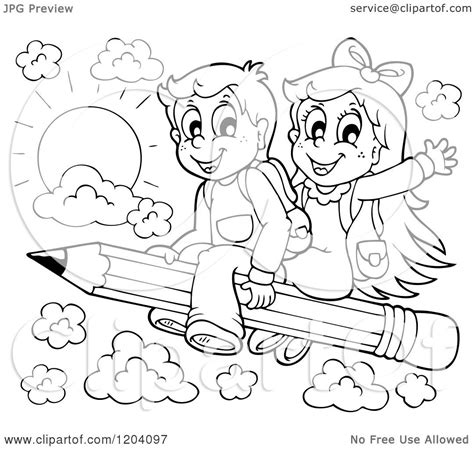 Cartoon of Black and White Happy School Children Flying on a Pencil ...