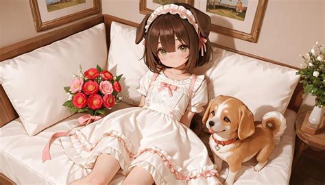 Anime Girl and Puppy Relaxing on Bed Stock Illustration - Illustration