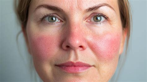 Close-up portrait of woman with rosacea. Redness visible on her face