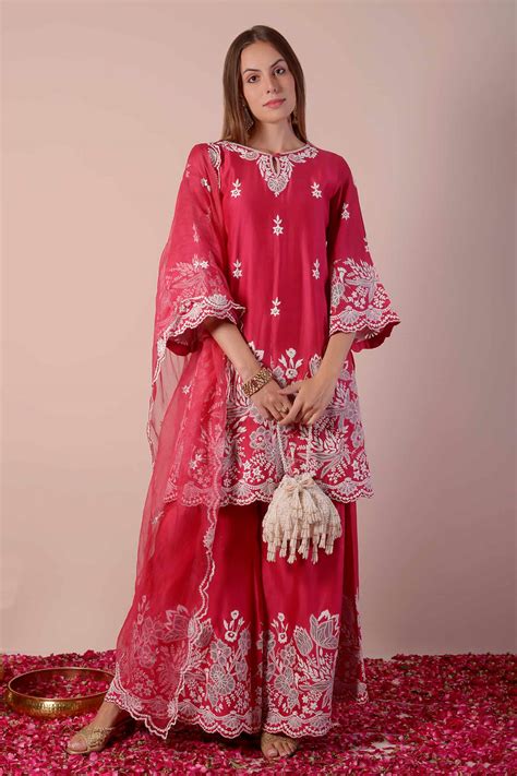 Buy Red Kurta Silk Chanderi Embroidery Dori Keyhole Work Gharara Set