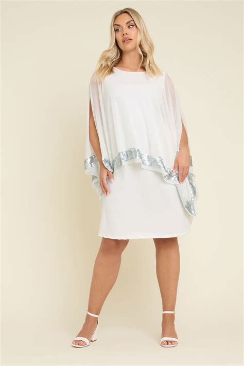 YOURS Plus Size White Sequin Trim Cape Dress | Yours Clothing