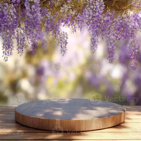 Purple wisteria blooms cascade over a wooden display platform backdrop