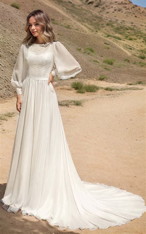Modest Boho Beach Forest A-Line Lace Wedding Dress with Sleeves Floral