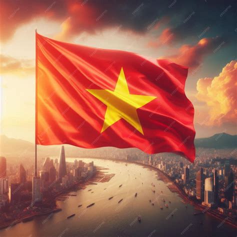 Vietnamese Flag flying in the air focusing on the yellow star on a red