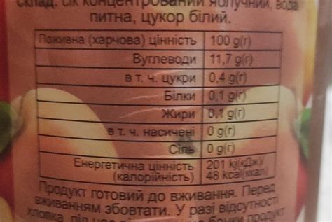 сок яблочный Наш Продукт - калорийность, пищевая ценность ⋙ ...