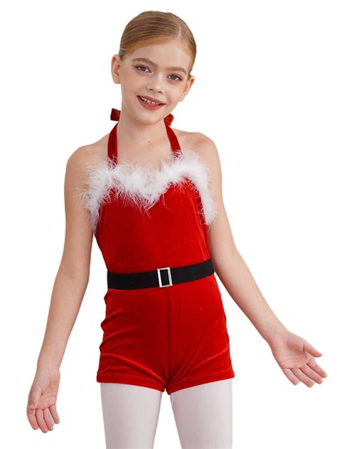 renvena Kids Girls Miss Santa Xmas Dance Halter Velvet One Piece
