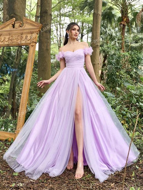 Pastel Purple Off Shoulder Split Thigh Mesh Formal Dress Formal Ball
