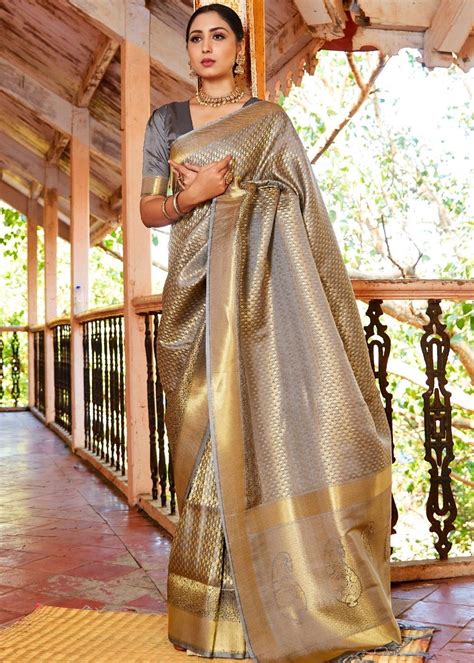 dove grey woven kanjivaram sareelimited edition indian clothes