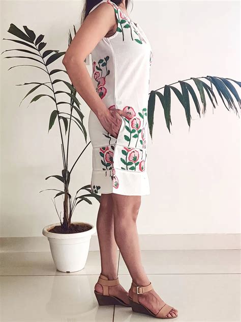 White Wild Floral A-line Sleeveless Dress | Exotic India Art