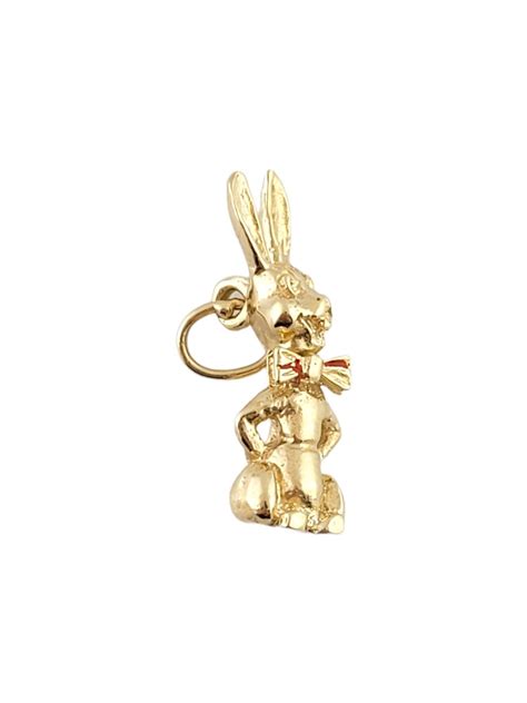 14k Yellow Gold Enamel Bunny Rabbit Charm For Sale at 1stDibs