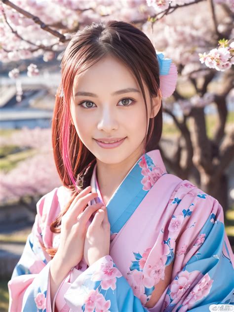 A close up of a woman in a kimono with a cherry tree in the background
