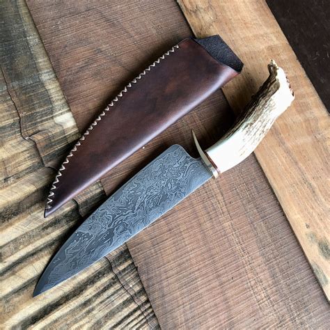 Damascus Fighting Knife With Carved Antler Handle — Peter Burt Knives