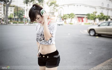 brunette, belly button, women, women outdoors, Asian, model, belly