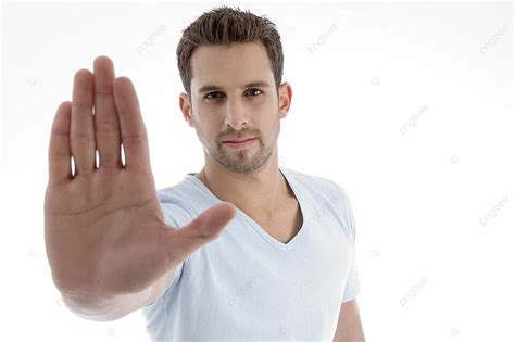 young man showing stop gesture  guy person photo background