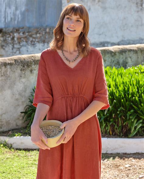 Tuscan Red | Gathered Detail Linen Dress | WoolOvers UK