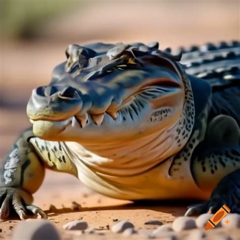 Crocodile with dark yellow coloration and tall legs in the desert on ...