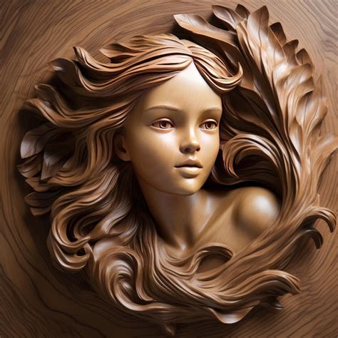 Premium Photo | Wood carving of a beautiful girl portrait