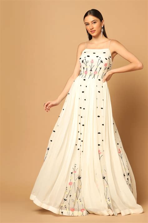 White Gown with Floral Embroidery – Gyans