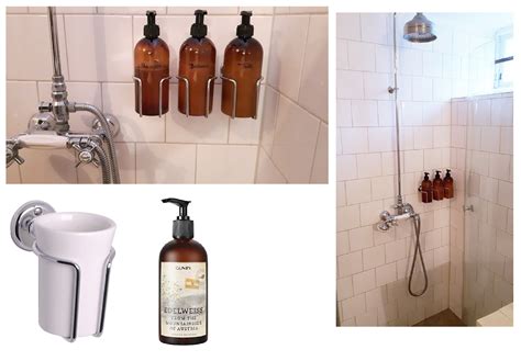 No more bottles on the floor in the shower! Wall-mounted shampoo, conditioner and soap dispenser