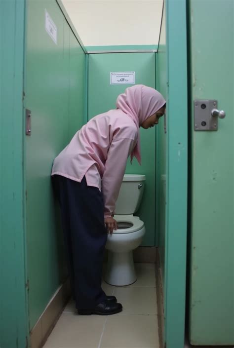 Indonesian school student in hijab, school uniform, pink panties