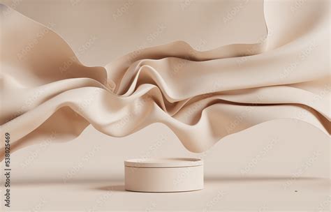 3D display podium, beige background with pedestal and flying nude color ...