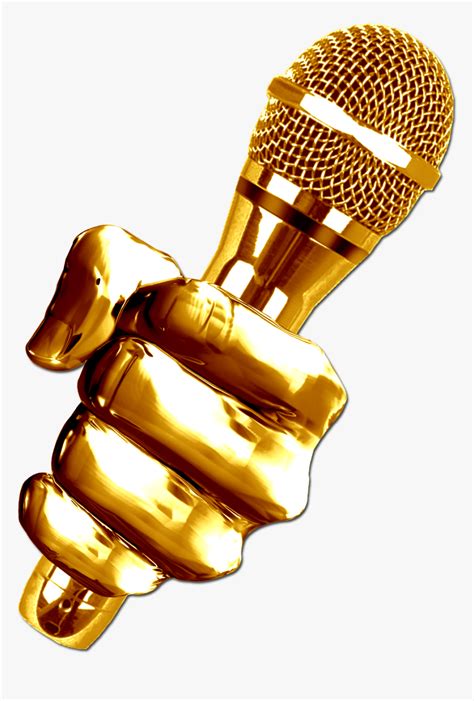a golden microphone is held in the air by a gold arm with two hands ...
