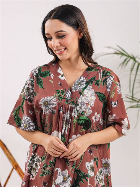 buy brown floral cotton night dress    price