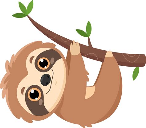 Happy Cute Sloth Cartoon Character Lazy Hanging On A Tree Branch