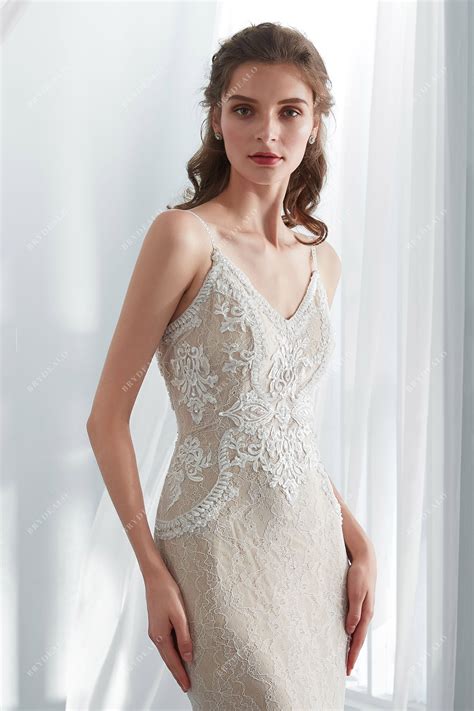 Geometric Lace Champagne Sweep Train Bridal Gown | Brydealo