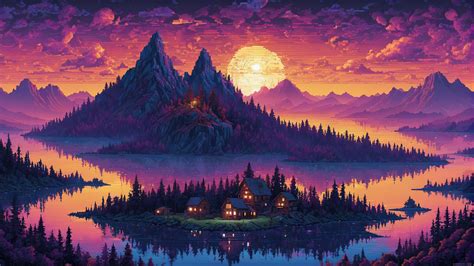 Pixel Lakes, Sunny and Sunset - pixel-art landscape series [3840x2160