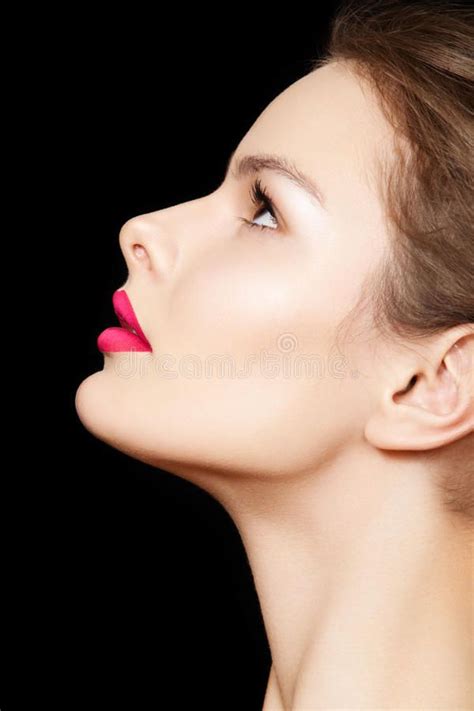 Side view female model face with perfect make-up. Beauty portrait of ...