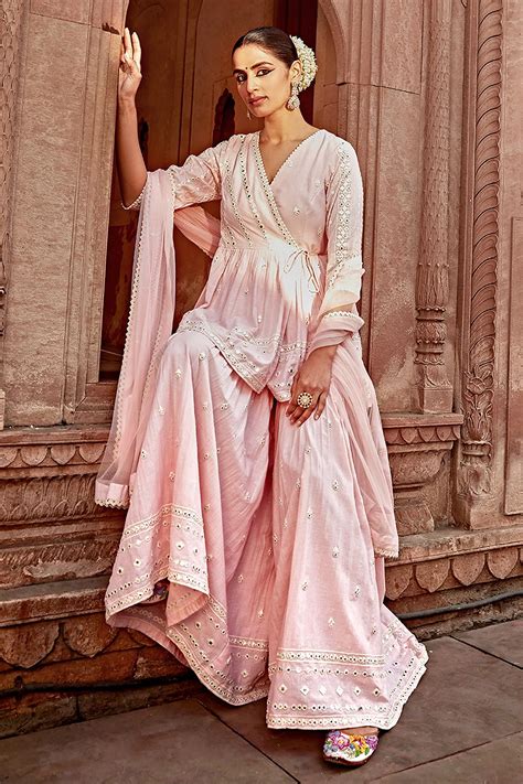 Buy Pink Peplum Top Cotton Mulmul Embroidery Thread Angrakha Sharara ...