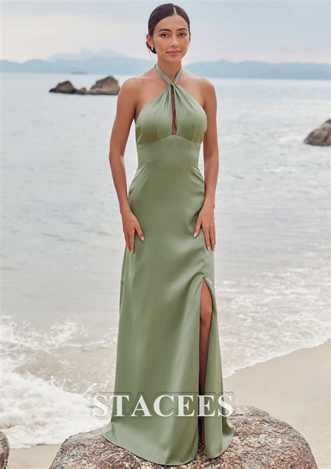 A-line Stretch Satin Bridesmaid Dress Halter Floor-Length with Split
