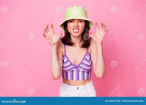 Closeup Photo of Young Creepy Lady Wear Funny Cap Grimacing Frightening Halloween Face Hands ...